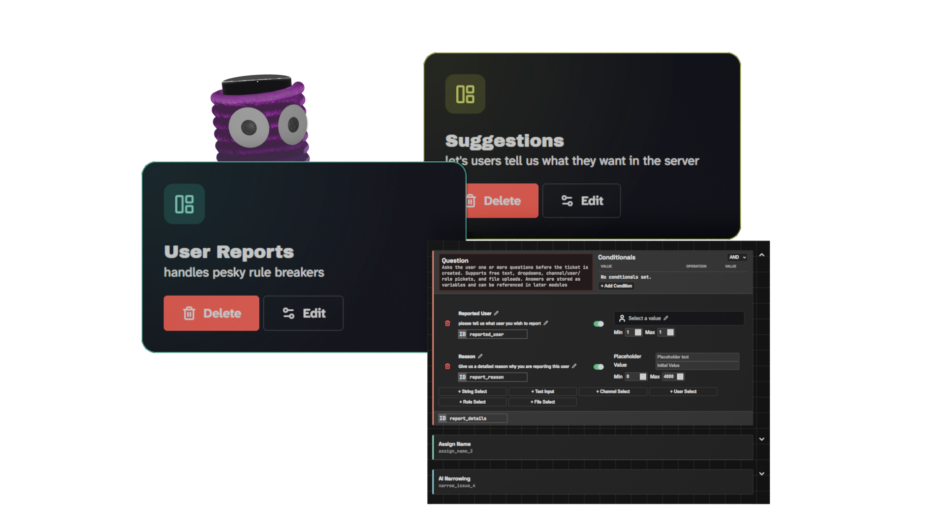 Thread-Watcher mascot illuminating peaking out behind 3 floating images. 2 images showcase ticket panels with the names 'User Reports' and 'Suggestions' with the third image, taking the most space at the front, being a screenshot of a ticket pipeline being configured.
