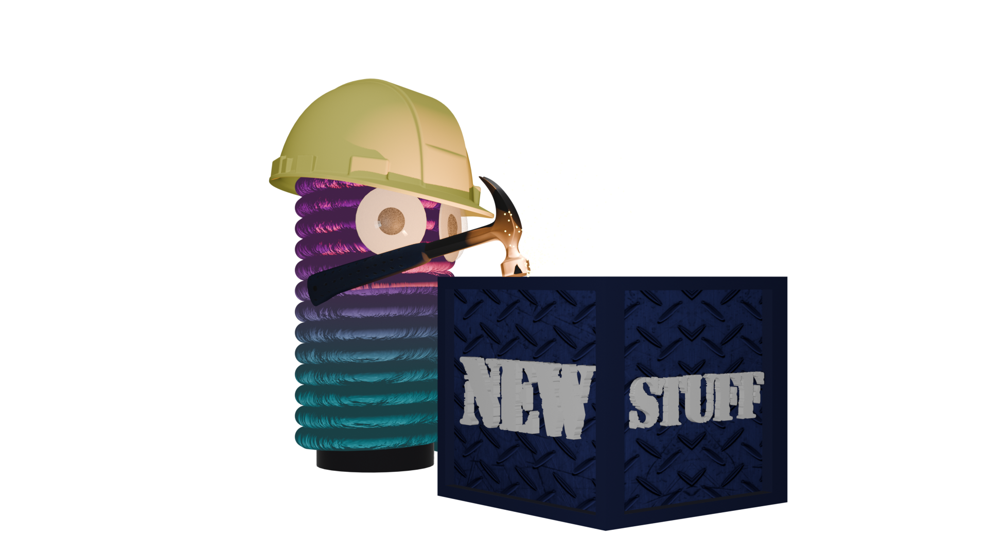 Thread-Watcher mascot carrying a hammer and wearing a yellow hard hat striking a blue box with the text 'new stuff' written on it. The hammer hitting the box is causing sparks to fly about