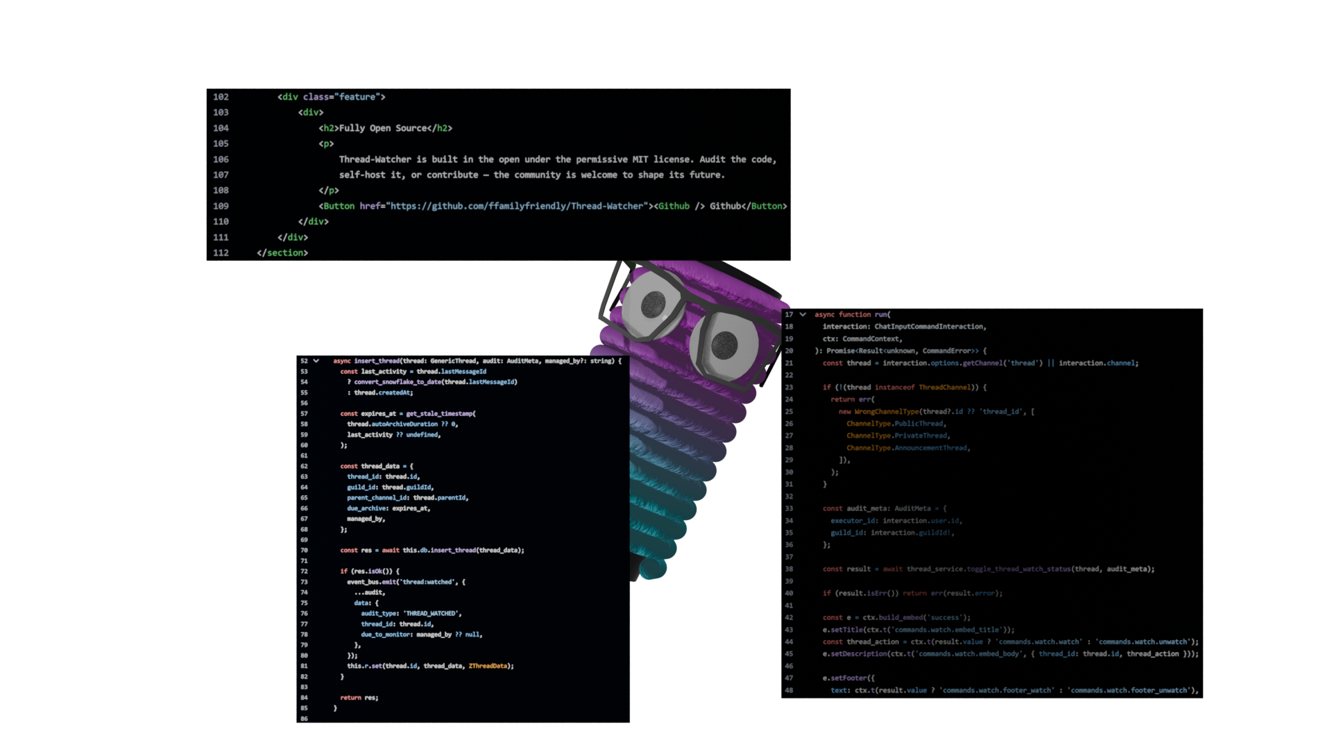 Thread-Watcher mascot wearing 'nerdy' glasses peaking out from 3 floating segments of code