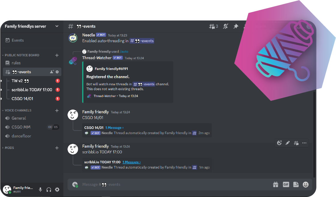 A Discord channel with three threads having just been automatically watched by Thread-Watcher
